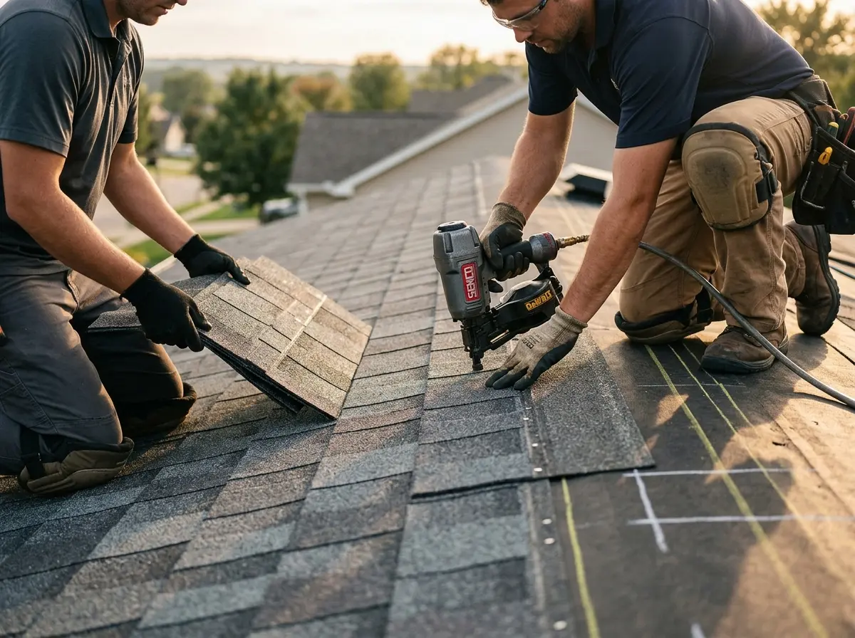 Professional roofer working on a residential roof in Brushy Creek